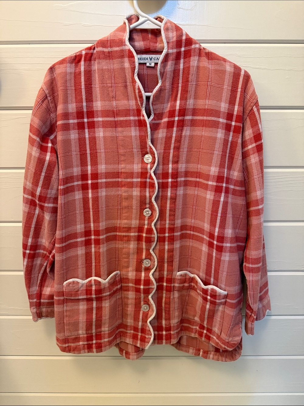 Heidi Carey Scalloped Pajama Top in Peach Plaid 100% Cotton Flannel
